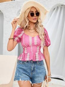 Aveloria Puff Sleeve A-Line Random Geometric Print Women Shirt - Multicolor - View 7