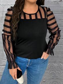 SHEIN Unity 女士加大码透视网眼撞色上衣 - 黑色 - 查看 4