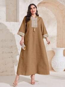 Al Najma Plus Size Hooded Patchwork Knitwear Dress Kaftan Jalabiya Dress - Khaki - View 4