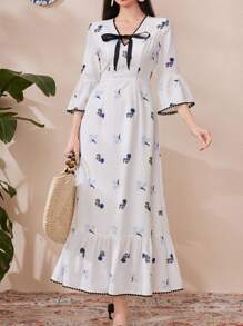 Modelyn Của phụ nữ Thực vật In Tay áo chuông Đầm - trắng - Xem 5