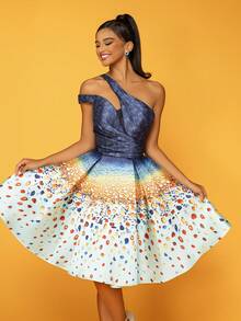 Locational Print Short Luxurious Party Evening Dress - Baby Blue - View 6