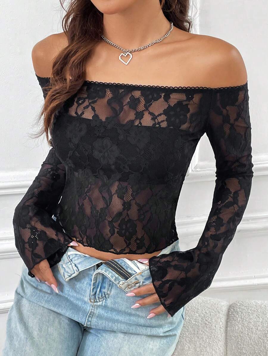 SHEIN Unity 蕾丝露肩修身长袖上衣 - 黑色 - 查看 1
