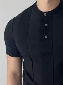 Camiseta de punto de manga corta con textura y unicolor casual y de moda para hombres - Negro - Ver 3