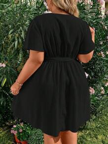 Sunnyshic Plus Size Deep V-Neck Flutter Sleeve Belted Dress Vacation Beach Outfits Women