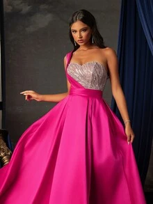 Women's Sequin Embellished One-Shoulder Sleeveless Floor-Length Elegant Formal Gown - Hot Pink - View 4
