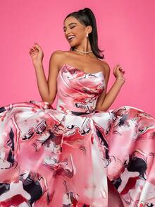 Vestido de noche de satén con estampado, corte en A, hombros descubiertos, abertura alta y longitud hasta el suelo - Rosa - Ver 5
