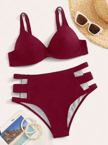 SHEIN Swim 純色鏤空腰部鋼圈比基尼套裝，比基尼套裝海灘泳裝泳衣，夏季海灘 - 酒紅色 - 查看 3