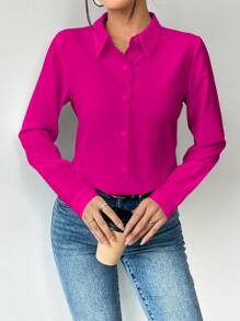 SHEIN Clasi Camisa de mujer de unicolor minimalista con botones, blusas de manga larga