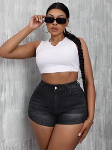 SHEIN SXY Plus Size Denim Stretchy Sexy Ultra-Short Shorts - Black - View 3