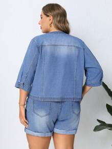 SHEIN Privé Kích thước lớn Của phụ nữ Vòng cổ Bảy Tay áo Áo khoác denim - Rửa nhẹ - Xem 2