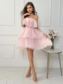 SHEIN Privé Strapless Casual Ruffle Hem Decorated Dress - Pink - View 5