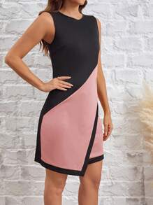 SHEIN Tall Women's Asymmetrical Hem Color Block Dress - Dusty Pink - View 4