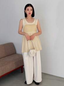 FRIFUL Solid Color Cinching Waist Ruffle Hem Camisole Top Tank Tops Babydoll Top - Apricot - View 2