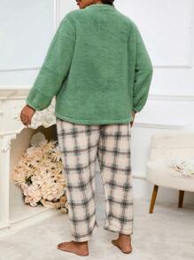 Women's Plus Size Christmas Green Flannelette Long Sleeve Round Neck Pajama Set Casual Pant Sleepwear Non-Stretch Fabric Loungewear