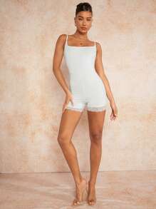 SHEIN BAE 音樂節方領高彈性針織修身混紡蕾絲連體褲，白色蕾絲上衣連質感緊身泳衣褲、白色緊身褲 - 白色 - 查看 1