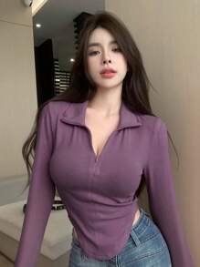 DAZY 纯色拉链前开合修身长袖 T 恤，秋季服装，返校服装 - 紫色 - 查看 2