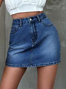 EURMUSE Women's Denim A-Line Skirt With Pockets And Hip Wrap - Medium Wash - View 5