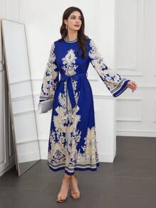 Al Najma Women's Abstract Print Stand Collar Long Sleeve Belted Dress - Multicolor - View 4