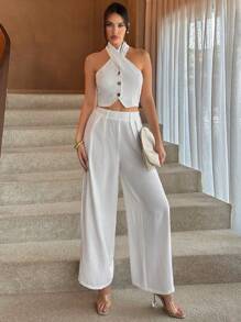 SHEIN Essnce 女士日常通勤單排扣交叉帶掛脖上衣褲兩件套 - 白色 - 查看 2