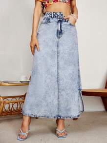 Breezaya Summer Split Side Asymmetrical Waist Denim Skirt - Medium Wash - View 3
