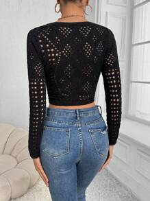 Chiquease Ladies' Solid Color Hollow Out Knitted Cropped Sweater, Fall Winter - Black - View 2