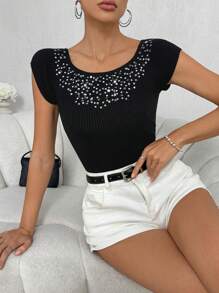 Chiquease Glitter Round Neck Ribbed Knit Top - Black - View 1