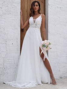 女士亮片雪纺细肩带婚纱白色优雅新娘礼服 - 白色 - 查看 3