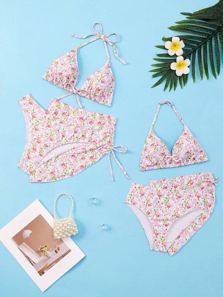 3pcs/Set Women's Floral Print Bikini Swimwear For Summer Beach Vacation
