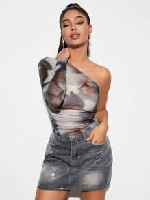 SHEIN BAE Camiseta transparente de malla con efecto tie-dye para mujer, tops de verano - Gris - Ver 6