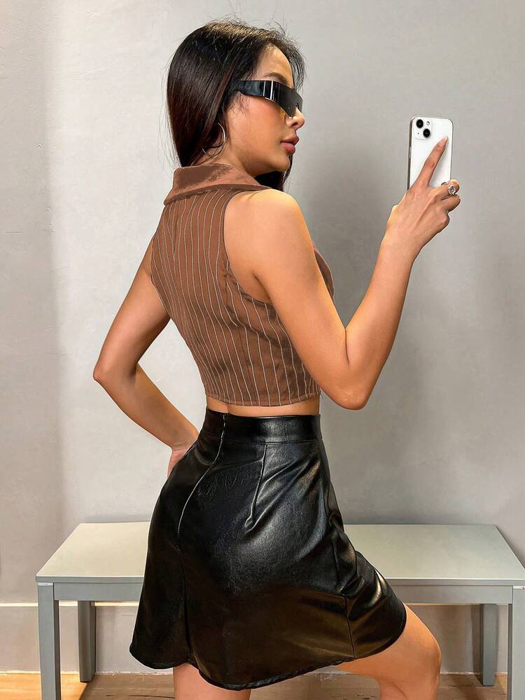 Women's Sleeveless Striped Printed Fashion Tank Top With Suit Collar