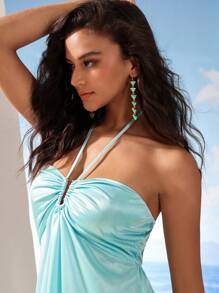GENKIRA Robe pour femmes avec bretelle croisée au cou, épaules dénudées, dos nu, découpe froncée et taille cintrée - Vert - Voir 7