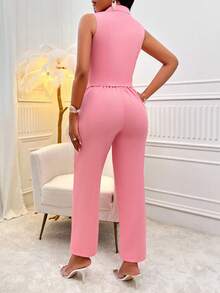 Women's Elegant & Commute Solid Color Lapel Double Breasted Vest &  Tapered Pants Set - Coral Pink - View 2