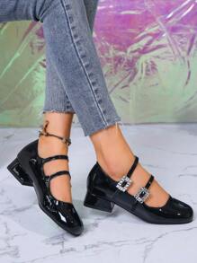 2024 Mới Mùa Xuân Mùa hè Mary Jane Của phụ nữ Giày dép Phong cách Pháp Cắt thấp Da đen Giày dép Với Kim cương giả Và 3cm Giày cao gót - màu đen - Xem 4