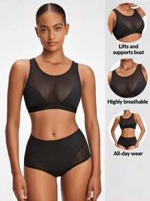 SHAPORA 女士网眼撞色圆领无袖上衣和下装塑身衣套装 - 黑色 - 查看 1