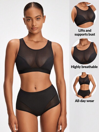 SHAPORA Women's Mesh Contrast Round Neck Sleeveless Top And Bottom Shapewear Set