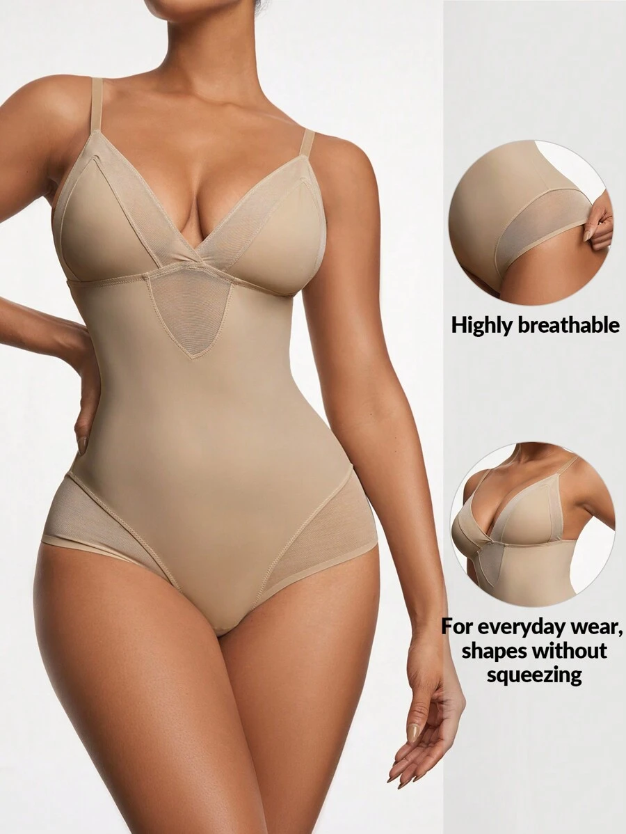 SHAPORA 女士純色網眼裝飾塑身連體衣