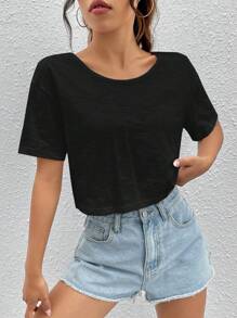 SHEIN EZwear Crisscross Backless Crop Tee - Black - View 2