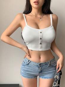 DAZY Button Decoration Padded Crop Top Camisole For Four Seasons - White - View 6