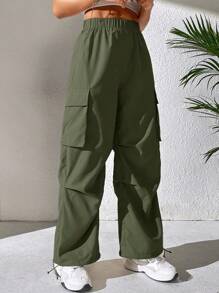 SHEIN PETITE 翻盖口袋侧边工装裤 - 橄欖綠 - 查看 5