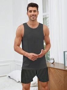 Snug Zone 男士針織休閒背心和條紋短褲家居服套裝 - 深灰色 - 查看 3