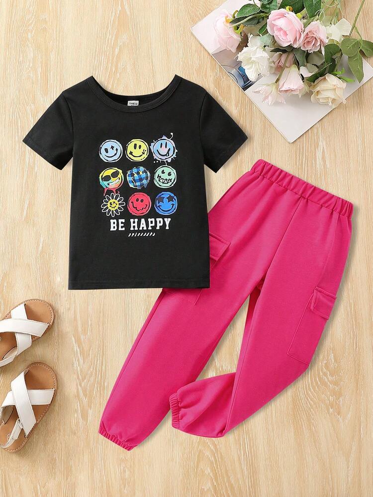 Young Girl Two-Piece Set, Cute Face Printed T-Shirt And Jumpsuit For Summer