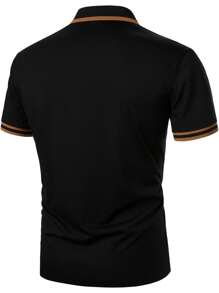 Manfinity Mode Men Business Casual Colorblock Stripe Bird Embroidery Collar Polo Formal Shirt, For Husband, For Going Out - Black - View 2