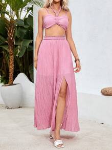 GENKIRA Women's Short Tiered Ruffle Halter Neck Cami Top And Side Slit Midi Skirt Two Piece Set - Pink - View 3