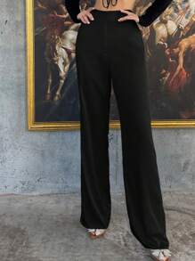 SHEIN Privé 純色隨性時尚寬褲 - 黑色 - 查看 3