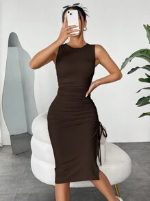 SHEIN EZwear Brown Knitted Sleeveless Bodycon Dress With Pleated Waist And Side Slit For Women - Chocolate Brown - View 4