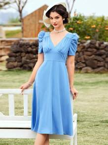 Vintamour 復古女裝藍色連衣裙，夏季服裝，開齋節連衣裙，長版連衣裙，夏日短裙套裝藍色連衣裙 - 藍色 - 查看 6