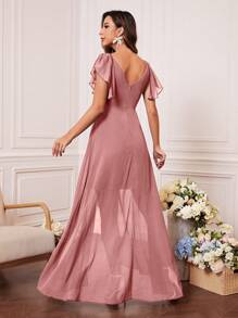 UNITHORSE 蝴蝶袖褶饰胸围荷叶边裹身下摆雪纺伴娘礼服优雅礼服、新娘礼服、生日女士服装、毕业礼服、正式礼服 - 藕粉色 - 查看 3