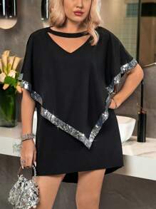 Calvaya 大尺碼亮片拼接空心裙 - 黑色 - 查看 1