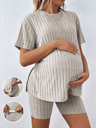 SHEIN Maternity 2pcs/Set Casual Loose Round Neck T-Shirt With Elastic Waistband Shorts