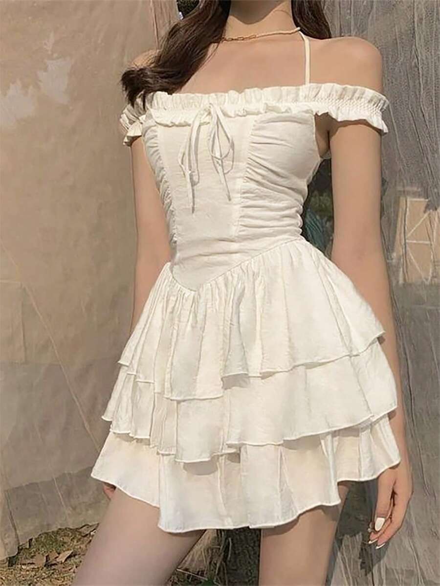 SHEIN Unity Solid Color Off Shoulder Multi-Layer Ruffle Halter Neck Dress - White - View 1